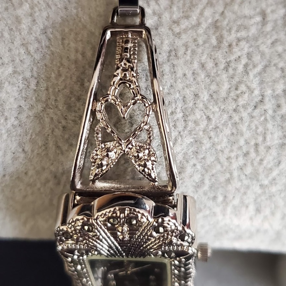 Mathey-Tissot Art Deco Marcasite Filigree Silver Tone Watch Black Dial Running - Picture 7 of 10